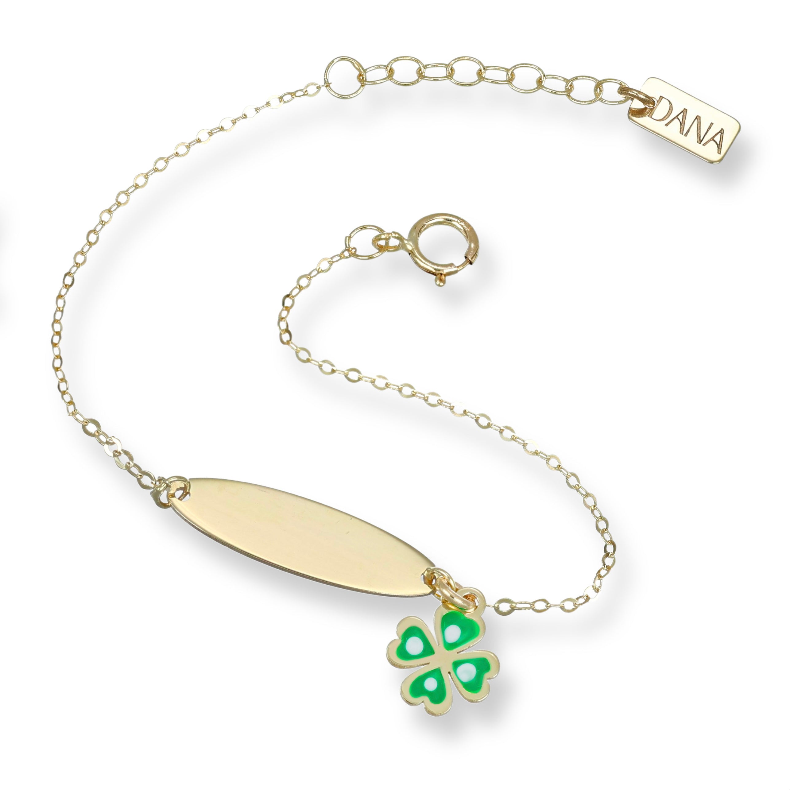 Bracciale Baby con targa e quadrifoglio pendente