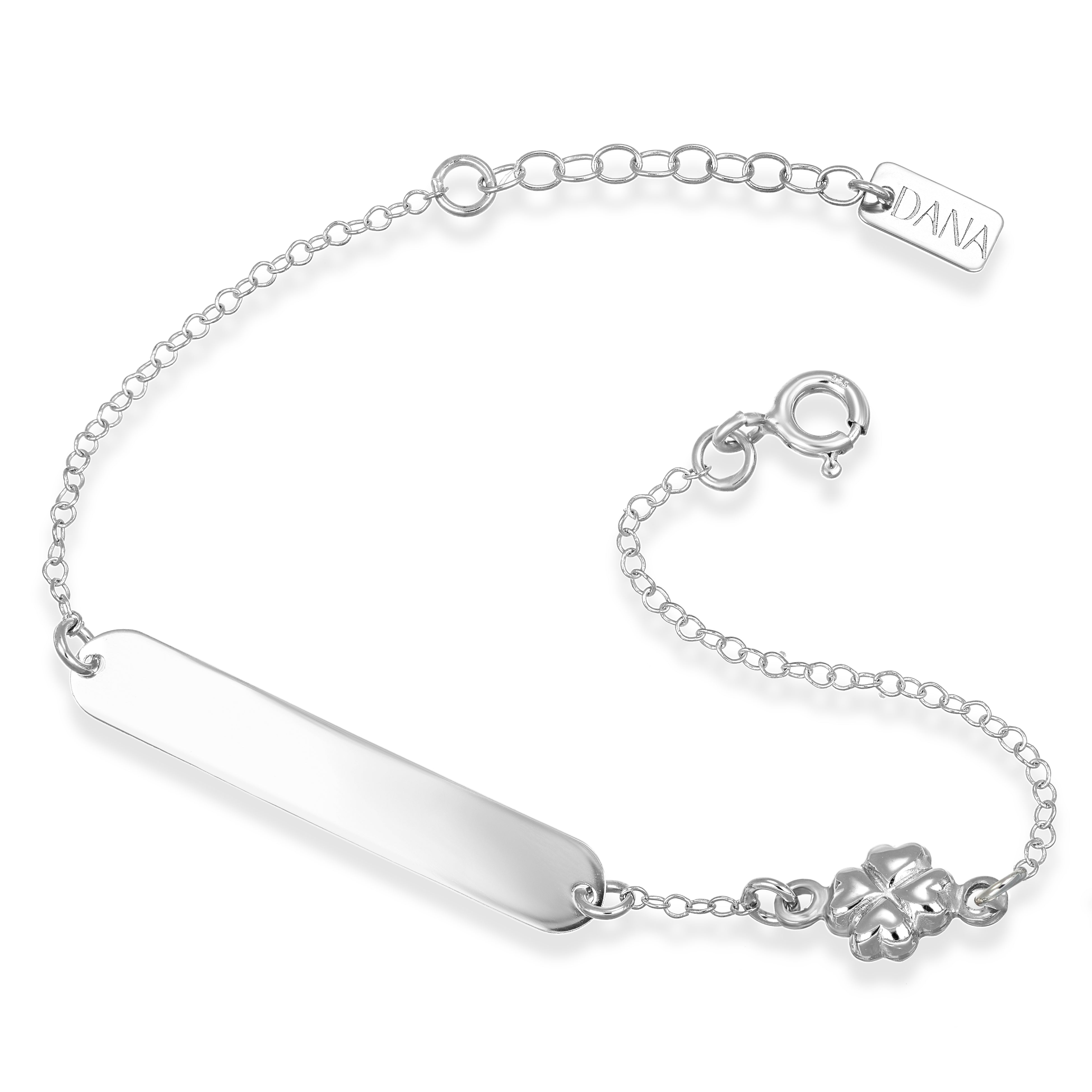 Bracciale Baby - Ellada Collection - con targa rettangolare e bordi stondati e quadrifoglio scatolato